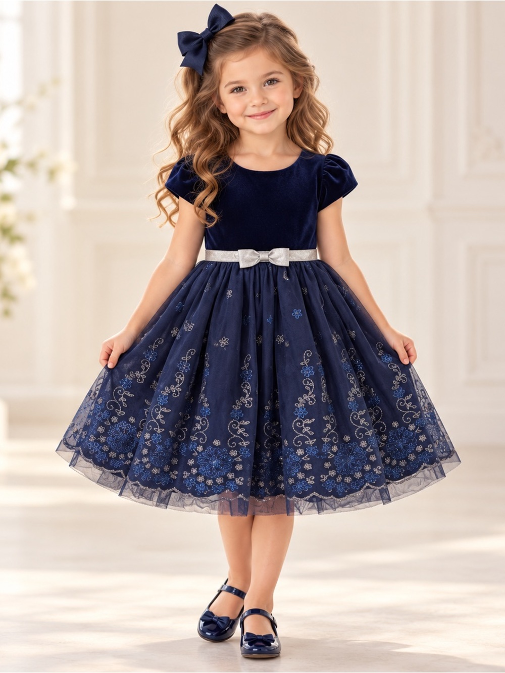 Jona Michelle Girls Size 5 Navy Velvet Glitter Party Dress + Bow